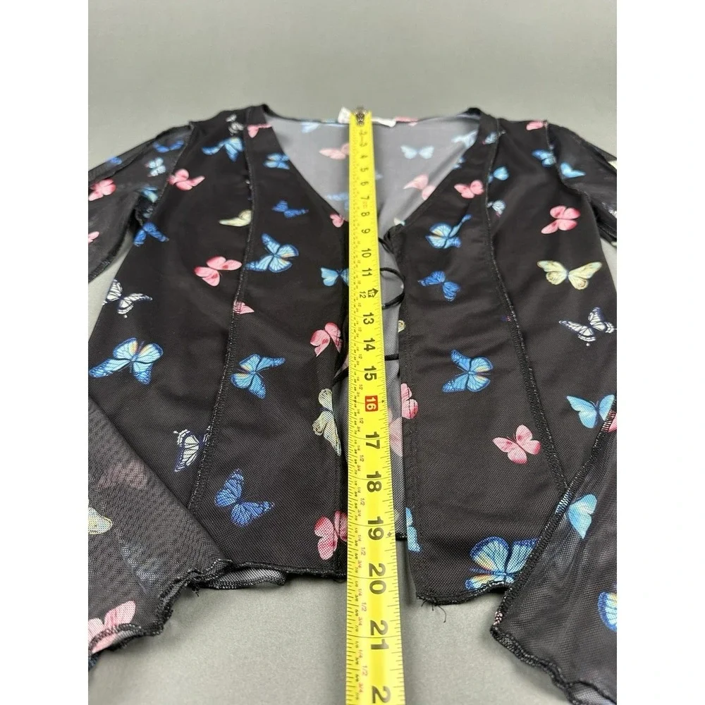 Elodie Butterfly Mesh Cardigan Women Large Black Tie Front Split Bell Sleeve Y2K